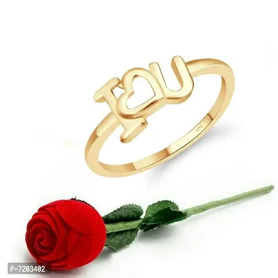 Vighnaharta Initial I LOVE YOU (CZ) Gold Plated Ring For Girls with Scented Velvet Rose Ring Box for women and girls and your Valentine.