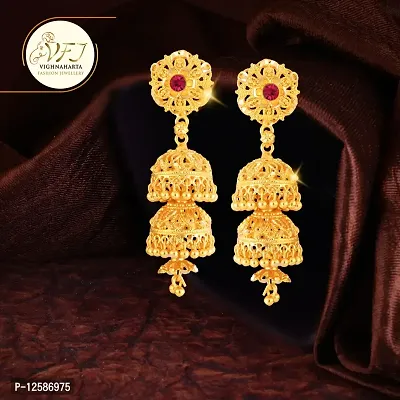 Golden Brass No Gemstone Jhumkas Earrings For Women-thumb2