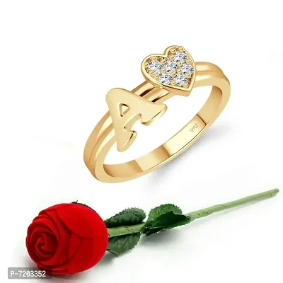 Vighnaharta cz alloy Gold plated Valentine collection Initial '' A'' Letter with heart ring alphabet collection with Scented Velvet Rose Ring Box for women and girls and your Valentine.