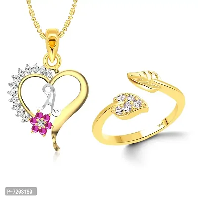 Vighnaharta Valentine Day Gifts Initial A Letter Pendant with Adjustable Ring CZ Jewellery set for Women and Girls.