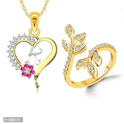 Vighnaharta Valentine Day Gifts Initial K Letter Pendant with Adjustable Ring CZ Gold and Rhodium Plated Jewellery set for Women and Girls.