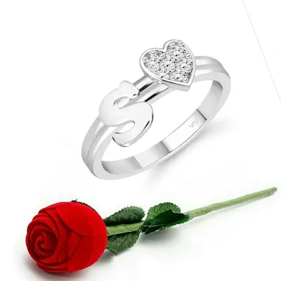Vighnaharta cz alloy Rhodium plated Valentine collection Initial '' S '' Letter with heart ring alphabet collection with Scented Velvet Rose Ring Box for women and girls and your Valentine.
