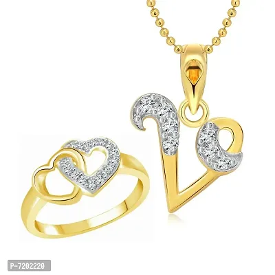 Vighnaharta Valentine Gift Hum Tum Heart Ring with Initial Letter ''V'' Pendant Gold and Rhodium Plated Jewellery Combo Set
