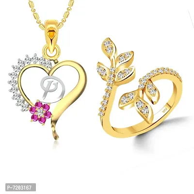 Vighnaharta Valentine Day Gifts Initial D Letter Pendant with Adjustable Ring CZ Gold and Rhodium Plated Jewellery set for Women and Girls.