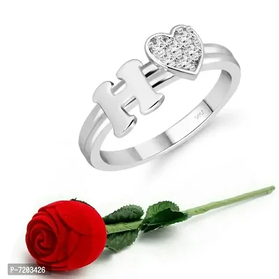 Vighnaharta cz alloy Rhodium plated Valentine collection Initial '' H '' Letter with heart ring alphabet collection with Scented Velvet Rose Ring Box for women and girls and your Valentine.