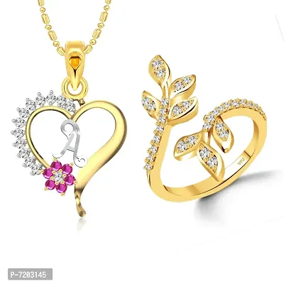 Vighnaharta Valentine Day Gifts Initial A Letter Pendant with Adjustable Ring CZ Gold and Rhodium Plated Jewellery set for Women and Girls.