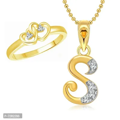 Vighnaharta Valentine Gift Dual Heart Ring with Initial ''S'' Letter Pendant Gold and Rhodium Plated Jewellery Combo Set