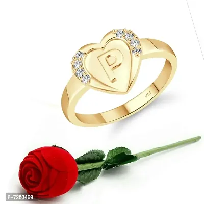 Vighnaharta cz alloy Gold plated Valentine collection Initial '' P '' Letter in heart ring alphabet collection with Scented Velvet Rose Ring Box for women and girls and your Valentine.
