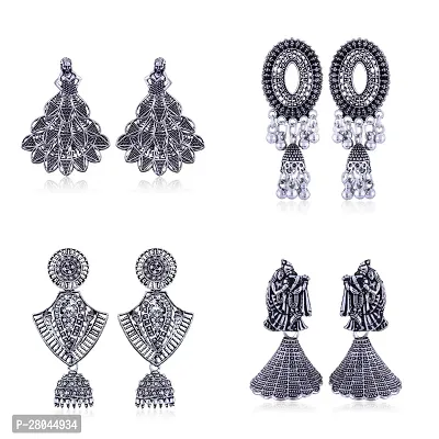 Elegant Oxidised Silver Earrings For Women Pack Of 4-thumb0