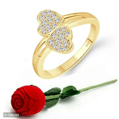 Vighnaharta Glory Double Heart Rhodium Plated (CZ) Ring with Scented Velvet Rose Ring Box for women and girls and your Valentine.