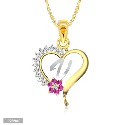 Vighnaharta Valentine's Pink Flower Heart Initial V Letter CZ Gold and Rhodium Plated Alloy Pendant for Women and Girls-[VFJ1257PG]-thumb0