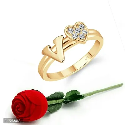 Vighnaharta cz alloy Gold plated Valentine collection Initial '' V '' Letter with heart ring alphabet collection with Scented Velvet Rose Ring Box for women and girls and your Valentine.-thumb0