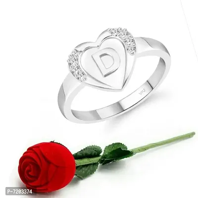 Vighnaharta cz alloy Rhodium plated Valentine collection Initial '' D '' Letter in heart ring alphabet collection with Scented Velvet Rose Ring Box for women and girls and your Valentine.