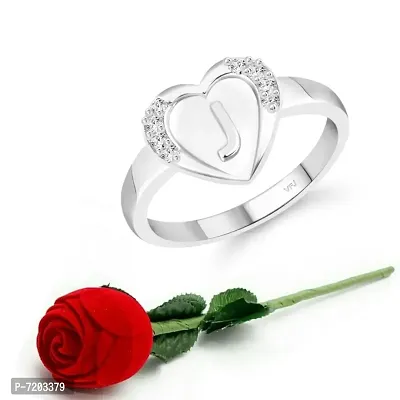 Vighnaharta cz alloy Rhodium plated Valentine collection Initial '' J '' Letter in heart ring alphabet collection with Scented Velvet Rose Ring Box for women and girls and your Valentine.