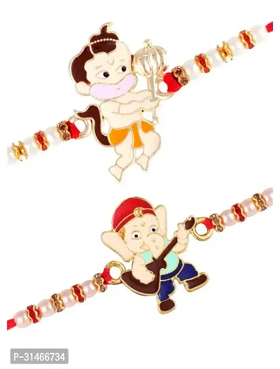 Veena Ganesh Bal Hanuman Combo Cartoons Gold And Rhodium Plated Alloy Kids Rakhi For Lovely Brother-thumb0