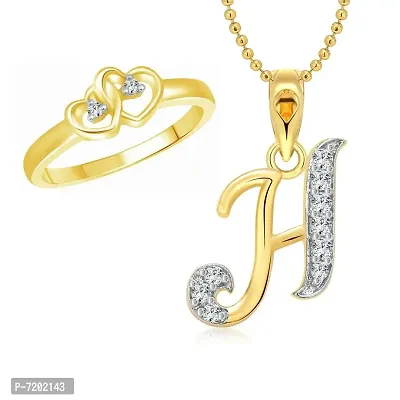 Vighnaharta Valentine Gift Dual Heart Ring with Initial ''H'' Letter Pendant Gold and Rhodium Plated Jewellery Combo Set