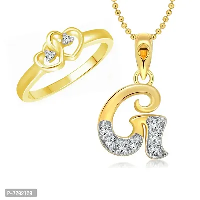 Vighnaharta Valentine Gift Dual Heart Ring with Initial ''G'' Letter Pendant Gold and Rhodium Plated Jewellery Combo Set