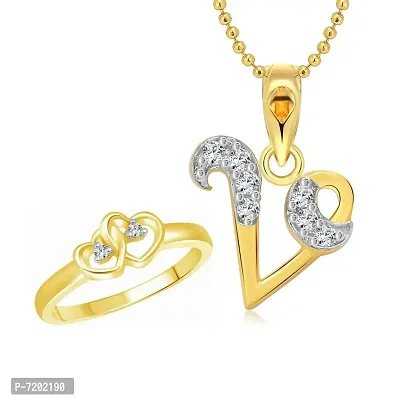 Vighnaharta Valentine Gift Dual Heart Ring with Initial ''V'' Letter Pendant Gold and Rhodium Plated Jewellery Combo Set