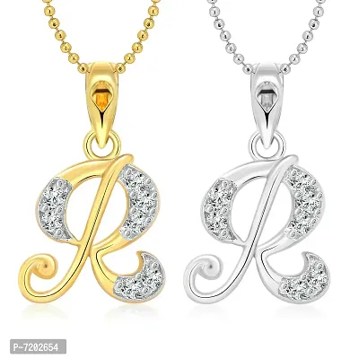 Vighnaharta R Letter Selfie CZ Gold and Rhodium Plated Alloy Pendant with Chain for Girls and Women.