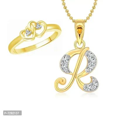 Vighnaharta Gold and Rhodium Plated Brass Dual Heart Ring with Initial ''R'' Letter Pendant Combo Set for Women-thumb0