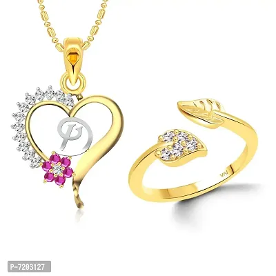 Vighnaharta Valentine Day Gifts Initial D Letter Pendant with Adjustable Ring Jewellery set for Women and Girls.