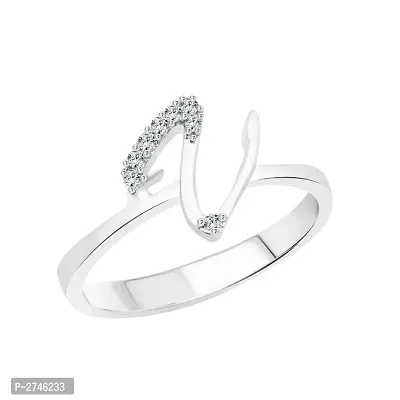 initial ''V'' Alphabet (CZ) Silver and Rhodium Plated Alloy Ring for Women and Girls