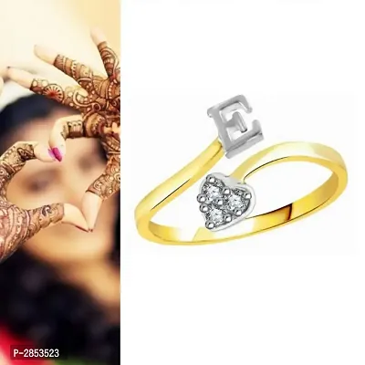 Initial 'E' Letter CZ Gold and Rhodium Plated Alloy Adjustable Ring for Women and Girls