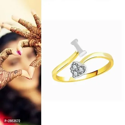 Initial 'I' Letter CZ Gold and Rhodium Plated Alloy Adjustable Ring for Women and Girls