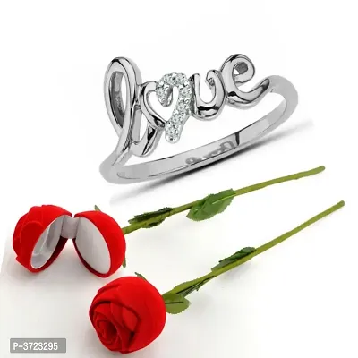 Scented Rose with stylish Valentine CZ Rhodium plated alloy Ring for Women and Girls (1 scented rose and 1 ring)-thumb0