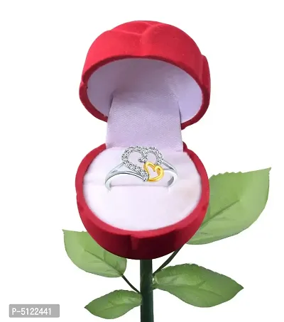 Valentine White Couple Heart CZ White Gold and Rhodium Plated Alloy Ring for Girls and Women with Fancy Velvet Rose Ring Box Combo Set - [VFJ1020ROSE16]