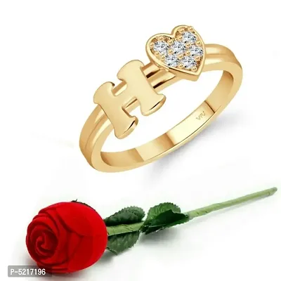 cz alloy Gold plated Valentine collection Initial '' H '' Letter with heart ring alphabet collection  with Scented Velvet Rose Ring Box for women and girls and your Valentine.