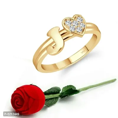 cz alloy Gold plated Valentine collection Initial '' J '' Letter with heart ring alphabet collection  with Scented Velvet Rose Ring Box for women and girls and your Valentine.