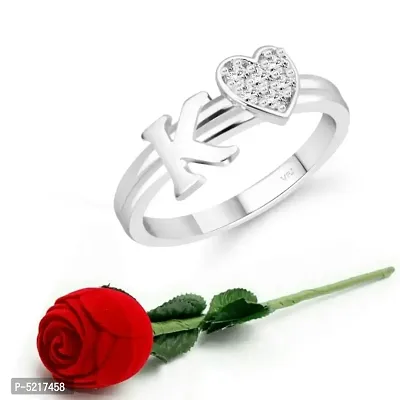 cz alloy Rhodium plated Valentine collection Initial '' K '' Letter with heart ring alphabet collection  with Scented Velvet Rose Ring Box for women and girls and your Valentine.