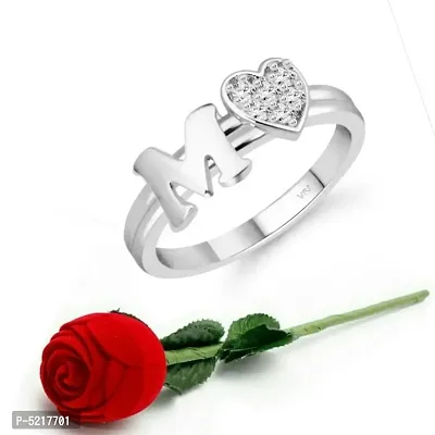 cz alloy Rhodium plated Valentine collection Initial '' M '' Letter with heart ring alphabet collection  with Scented Velvet Rose Ring Box for women and girls and your Valentine.