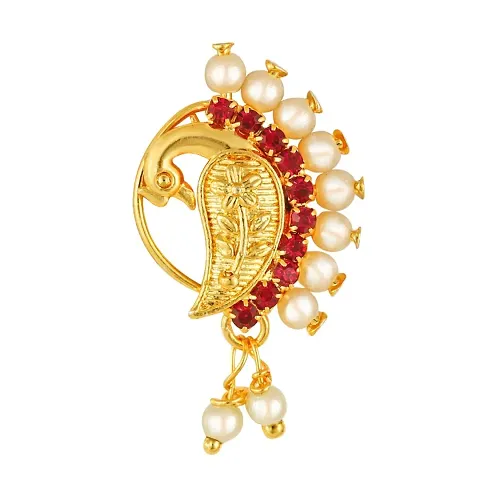 Nath Nathiya Vivastri Bridal Wear Stylish Pearl, American Diamond Studded (CZ) Plated alloy Nathiya, Nose Ring, Nose Pin, Nath, Nose Stud for Women and Girls - (Sales Package- 1 Pcs Nath)