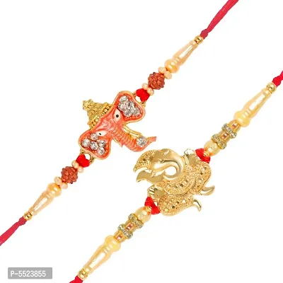 This Lord Ganapati and Vakratund Ganesh Gold and Rhodium Plated Alloy Rakhi for Lovely Brother (pack of 2)