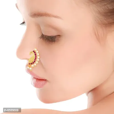 This Gold Plated Mayur Design with Peals and AD stone Alloy Maharashtrian Nath Nathiya./ Nose Pin for women\-thumb2