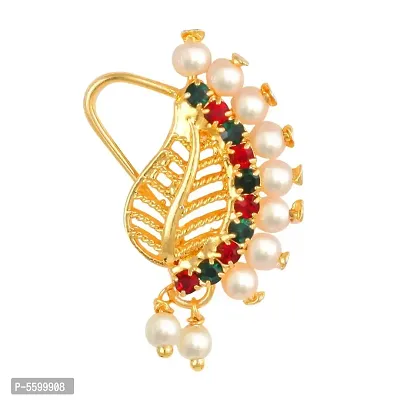 This Gold Plated Mayur design with Peals AD Stone Alloy Maharashtrian Nath Nathiya./ Nose Pin for women-thumb0