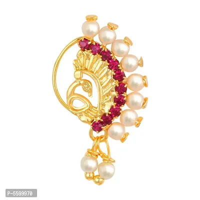 This Gold Plated Mayur Design Red Stone with Peals and AD Stone Alloy Maharashtrian Nath Nathiya./ Nose Pin for women-thumb0