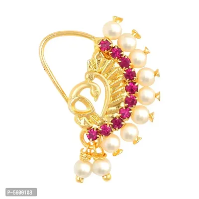 This Gold Plated Mayur Design Red Stone with Peals and AD Stone Alloy Maharashtrian Nath Nathiya./ Nose Pin for women\-thumb0