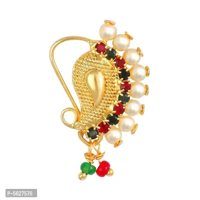This Gold Plated Mayur Design with Peals and AD stone Alloy Maharashtrian Nath Nathiya./ Nose Pin for women VFJ1015NTH-TAR-thumb0