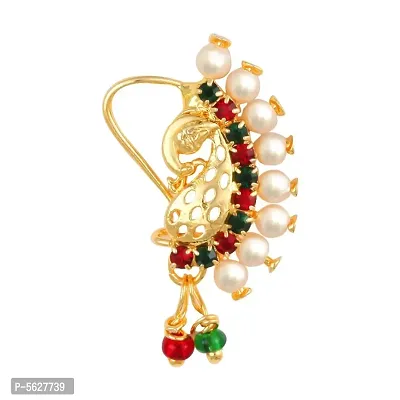 This Golden Moti Nath Gold Plated Mayur Design with AD Stone Alloy Nose Ring  For women