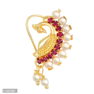 This Gold Plated Mayur Design with Peals and AD stone Alloy Maharashtrian Nath Nathiya./ Nose Pin for women-thumb0