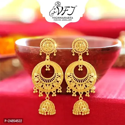 Chandbali Jhumka Earring Earrings Jhumki Jhumkhas Gold Jhumka Vighnaharta Wedding, Bridal and Party wear Screw back alloy 1 Gram Gold Plated Chandbali Jhumki Earring for Women and Girls