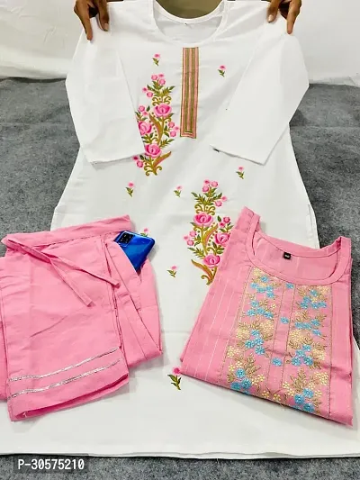 Beautiful Cotton Embroidered 2 Kurta with 1 Pant Set-thumb0