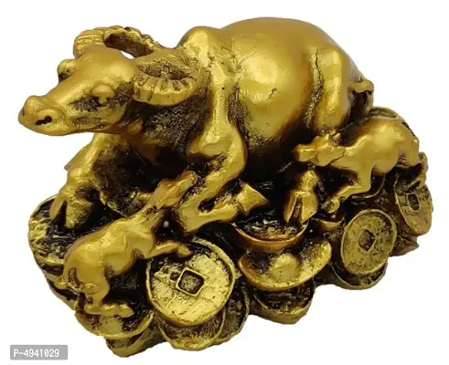 Feng Shui Wish Fulfilling Cow with Calf On Lucky Coins (Small) in Golden Colour Feng Shui Wealth Cow Showpiece - 5 cm