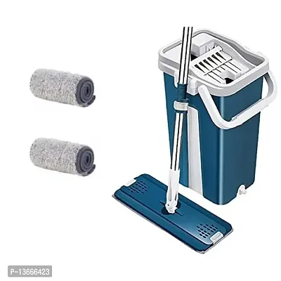 Blue Flat Mop And Bucket Set Mop Floor Cleaning System With Soft Refill Pads And Handle