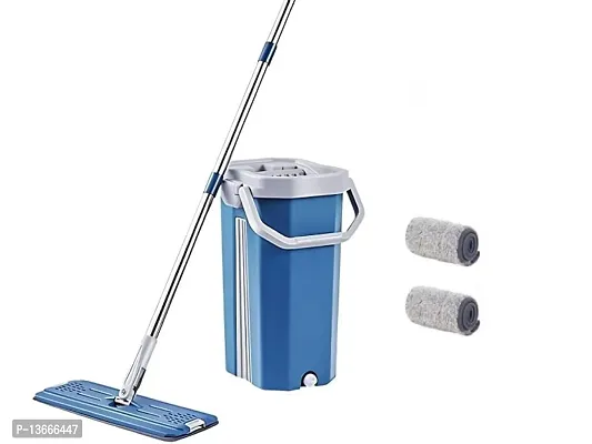 Blue Flat Mop And Bucket Set Floor Cleaning System With 2 Soft Refill Pads And Handle (38 X 13 Cm)