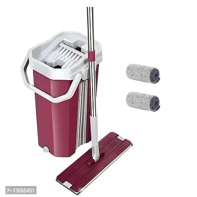 Fuchsia Flat Mop And Bucket Set Floor Cleaning System - 360 Dry Wet Reusable Dust Mop With 2 Soft Refill Pads And Handle (38 X 13 Cm)