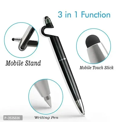 3 in 1 Function Ballpoint Writing Pen with Smartphone Stand Holder, Screen Wipe for All Android Touchscreen Mobile Phones and Tablets (SET OF 1- Any color)